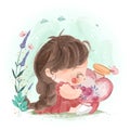 A naughty little girl with a heart shaped glass bottle The interior is full of bright red roses