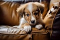 naughty playful puppy dog lying on couch at home