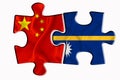 Nauru flag and China of America flag on two puzzle pieces on white isolated background. The concept of political relations. 3D