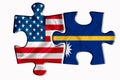 Nauru flag and United States of America flag on two puzzle pieces on white isolated background. The concept of political relations