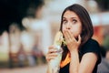 Girl Eating a Disgusting Sandwich Feeling Sick