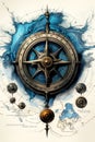 Nautcal compass blueprint, sketch , technical drawing. Exploration and sailing concept. Poster design. Ai Generative