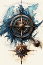 Nautcal compass blueprint, sketch , technical drawing. Exploration and sailing concept. Poster design. Ai Generative