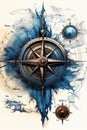 Nautcal compass blueprint, sketch , technical drawing. Exploration and sailing concept. Poster design. Ai Generative