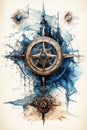 Nautcal compass blueprint, sketch , technical drawing. Exploration and sailing concept. Poster design. Ai Generative