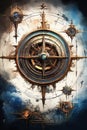 Nautcal compass blueprint, sketch , technical drawing. Exploration and sailing concept. Poster design. Ai Generative