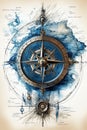 Nautcal compass blueprint, sketch , technical drawing. Exploration and sailing concept. Poster design. Ai Generative