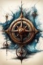Nautcal compass blueprint, sketch , technical drawing. Exploration and sailing concept. Poster design. Ai Generative