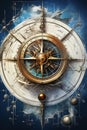 Nautcal compass blueprint, sketch , technical drawing. Exploration and sailing concept. Poster design. Ai Generative