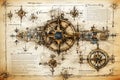 Nautcal compass and rudder blueprint sketch drawing. Exploration and sailing concept. Poster design. Generative Ai