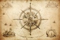 Nautcal compass and vintage map sketch drawing. Exploration, navigation and sailing concept. Poster design. Generative Ai