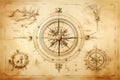 Nautcal compass and vintage map sketch drawing. Exploration, navigation and sailing concept. Poster design. Generative Ai