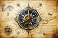 Nautcal compass and vintage map sketch drawing. Exploration and sailing concept. Poster design. Ai generative