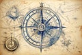 Nautcal compass and vintage map sketch drawing. Exploration and sailing concept. Poster design. Generative Ai