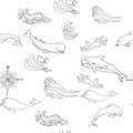 Nautica seamless pattern with sea animals and waves