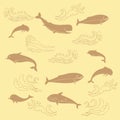 Nautica seamless pattern with sea animals and waves