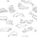 Nautica seamless pattern with sea animals and waves