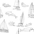 Nautica seamless pattern with ships, yachts, sea animals, dolphin and sea knots. Hand drawn elements for summer holidays