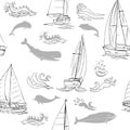 Nautica seamless pattern with ships, yachts, sea animals, dolphin and sea knots. Hand drawn elements for summer holidays