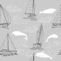 Nautica seamless pattern with ships, yachts, sea animals, dolphin and sea knots. Hand drawn elements for summer holidays