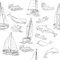 Nautica seamless pattern with ships, yachts, sea animals, dolphin and sea knots. Hand drawn elements for summer holidays