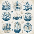 Nautical adventure emblem set colorful Royalty Free Stock Photo