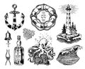 Nautical adventure set. Sea lighthouse, jellyfish and marine octopus and shipping sail, old sailor, ocean waves and Royalty Free Stock Photo