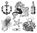 Nautical adventure set. Sea mermaid, anchor and marine captain, octopus and shipping sail, old sailor, ocean waves