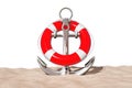 Nautical Anchor with Lifebuoy on the Sand Sunny Beach. 3d Render Royalty Free Stock Photo