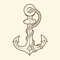 Nautical anchor with rope isolated on beige background. Brown outlines.