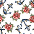 Nautical Anchors and Roses Seamless Pattern Royalty Free Stock Photo