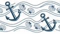 Nautical Anchors and Seashells on Waves, Coastal Pattern, vector design Generative AI Royalty Free Stock Photo