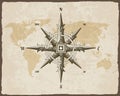 Nautical antique compass sign on old paper texture world map with torn border frame. Element for marine theme and Royalty Free Stock Photo