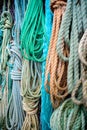 Nautical background. Closeup of old colorful mooring ropes , Old Royalty Free Stock Photo