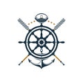 Nautical badge; ship wheel, anchor, oar, captains hat icons Royalty Free Stock Photo