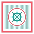 Nautical blue helm on striped retro background. Ship and boat steering wheel card. Boat wheel control icon. Rudder label