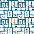 Nautical blue orange and white grunge lattice with anchor, star and fishes, seamless pattern, vector Royalty Free Stock Photo