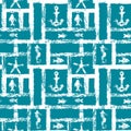 Nautical blue and white grunge lattice with anchor, star, seahorse, and fishes, seamless pattern, vector Royalty Free Stock Photo