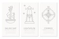 Nautical card design template with thin line style illustrations of sailing ship, lighthouse and compass rose