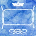 Nautical card with frame, marine knots and paper boat on blue wa