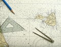 Nautical chart and divider Royalty Free Stock Photo