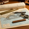 A nautical chart is spread on a wooden table with navigational tools Royalty Free Stock Photo