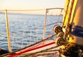 Nautical close-up rigging and pulleys at base of mast