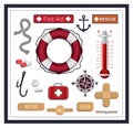 Nautical collection icons, first aid and rescue, lifebuoy, sticking plaster, compass and medicines, Isolated on white background