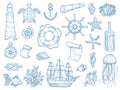 Nautical collection. Sailing boats hand drawn marine set fishes vessel vector set