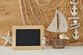 Nautical concept with sea life style objects on wooden table. Royalty Free Stock Photo