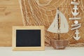 Nautical concept with sea life style objects on wooden table. Top view Royalty Free Stock Photo