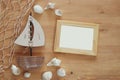 Nautical concept with sea life style objects on wooden table. Top view. Royalty Free Stock Photo