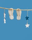 Nautical concept with sea lifestyle decorations hanging on rope. Sea toys flip-flop, seastars and small fish Royalty Free Stock Photo