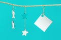 Nautical concept with sea lifestyle decorations hanging on rope with turquoise. Sea toys seastars and small fish